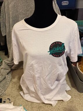 PINK Victoria's Secret White Tee with Teal & Hot Pink Logo